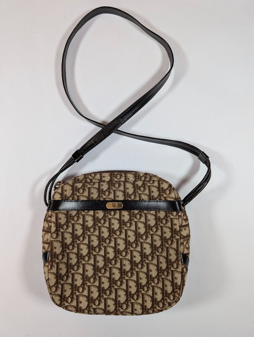 Christian Dior Trotter Canvas Shoulder Bag Brown Leather Strap Auth Vintage